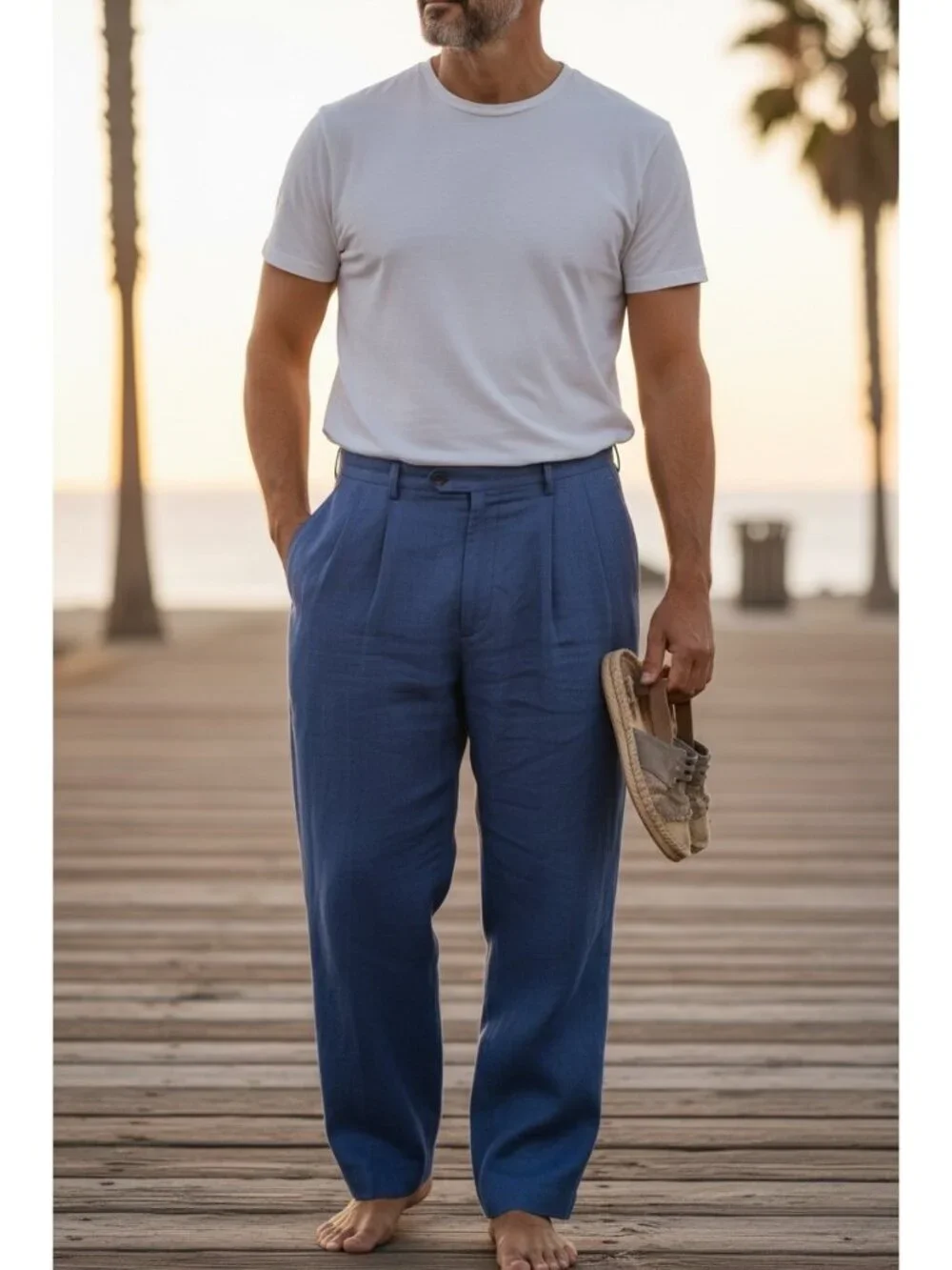Ralph Lauren Linen Pleated Trousers Pants Men 38x30 Blue Wide Leg Preppy Coastal